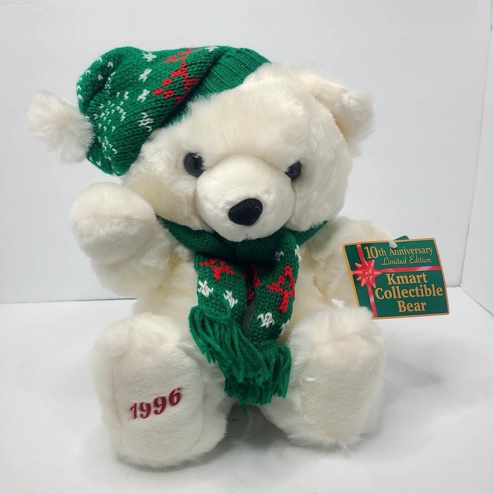 Vtg KMART Teddy Bear Christmas Stuffed Animal 16"  1996 Plush Green Scarf‎ Hat